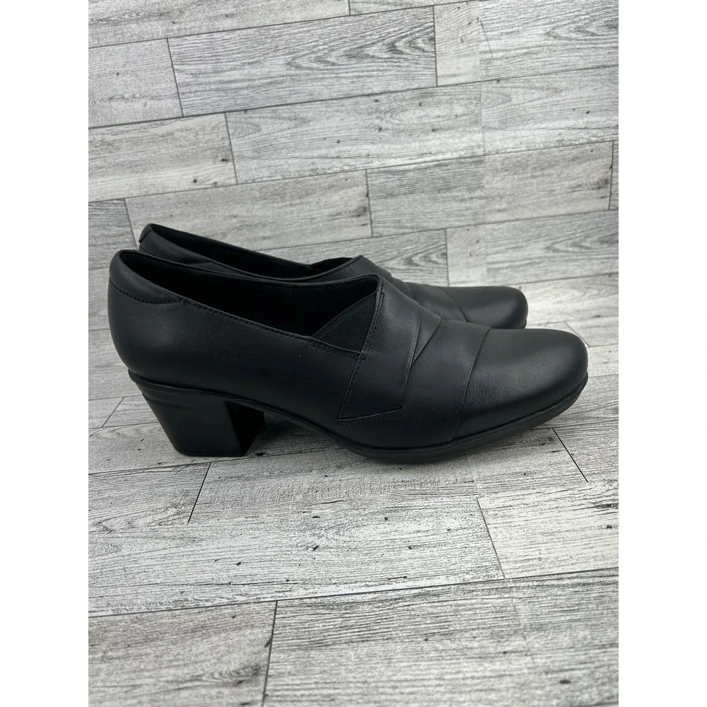 Clarks Collection Women Black Leather Slip On Block Heel Shoes Size‎ 9.5M